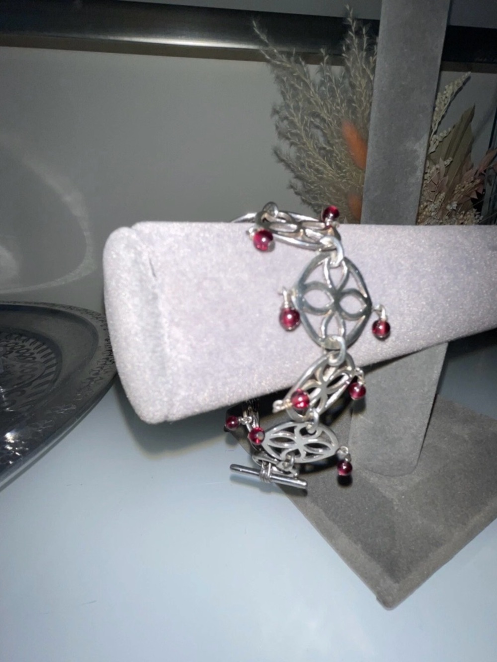 Sterling Silver Bracelet With Garnet Beads and extra charm